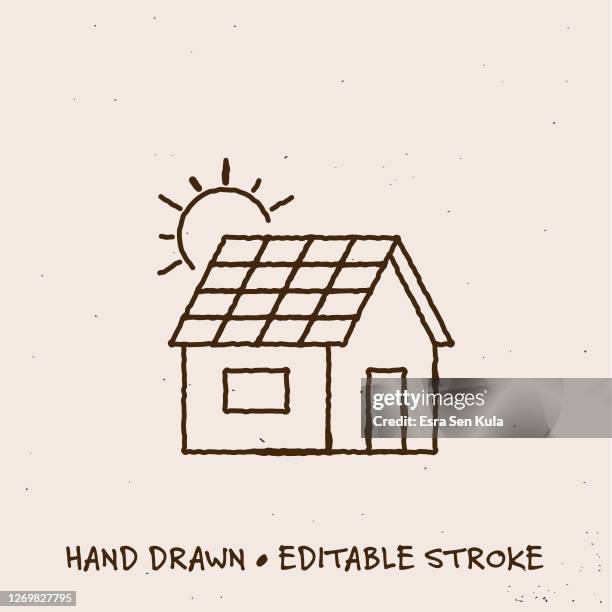 hand drawn solar roof line icon with editable stroke - home sketch stock illustrations