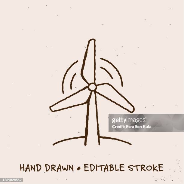 hand gezeichnete windturbine linie icon mit editierbaren strich - moderne windmühlen stock-grafiken, -clipart, -cartoons und -symbole
