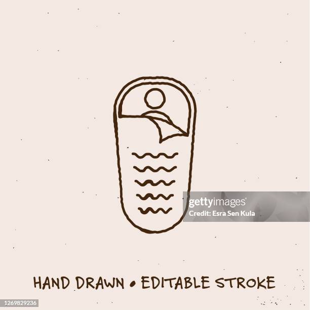 hand gezeichnet schlafsack linie icon mit editierbaren strich - hitzefrei stock-grafiken, -clipart, -cartoons und -symbole