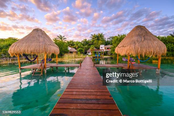 wooden pier with palapas in a tropical tourist resort - thatched roof huts stock pictures, royalty-free photos & images
