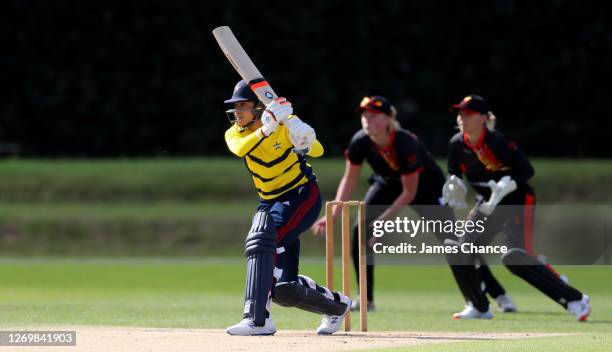 Sophia Dunkley of the South East Stars bats during the Rachel Heyhoe-Flint Trophy match between the South East Stars and The Sunrisers at The County...