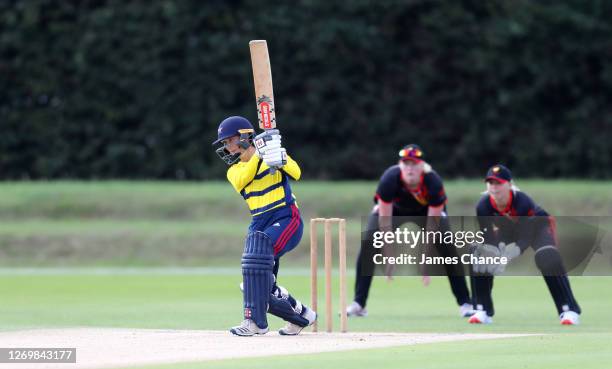 Alice Capsey of the South East Stars bats during the Rachel Heyhoe-Flint Trophy match between the South East Stars and The Sunrisers at The County...