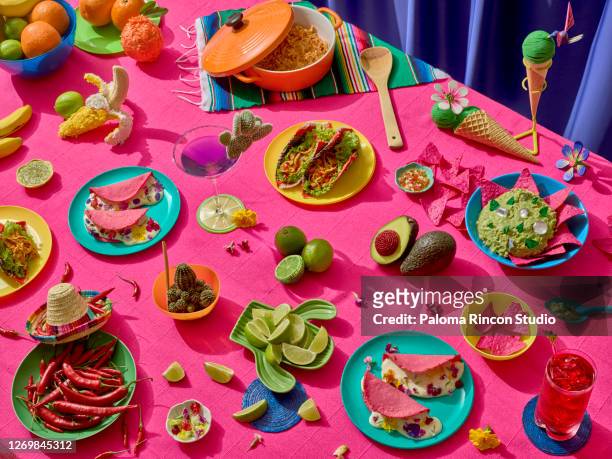 Mexican feast. A big table full of mexican platters in bright colors
