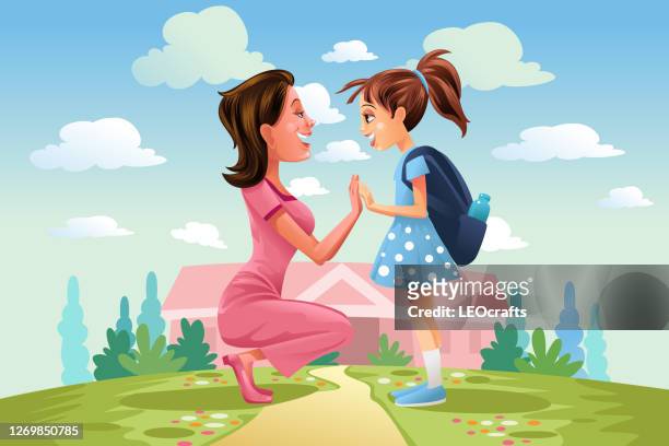 ilustrações de stock, clip art, desenhos animados e ícones de illustration of cute little girl and mother - mothers day text art