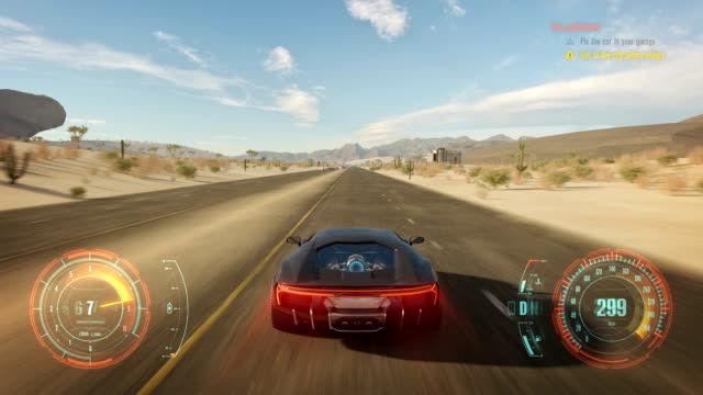 Fake 3D video game. Cyber race gameplay running across the desert