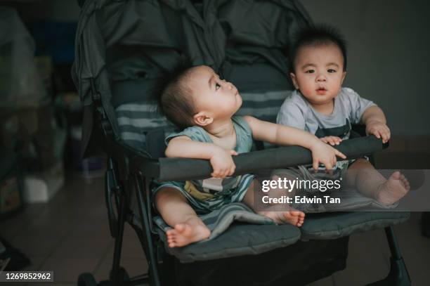 tweeling aziatische chinese zitting van de babyjongen in de wandelwagen die op ouder wacht die voor een gang in de parkochtend gaat - asian twins stockfoto's en -beelden