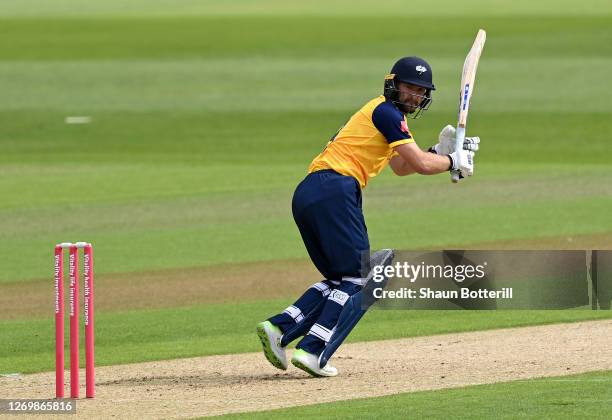 Adam Lyth of Yorkshire Vikings plays a shot during the T20 Vitality Blast 2020 match between Notts Outlaws and Yorkshire Vikings at Trent Bridge on...