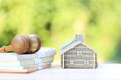 Property auction, Gavel wooden and model house on natural green background, lawyer of home real estate and ownership property concept