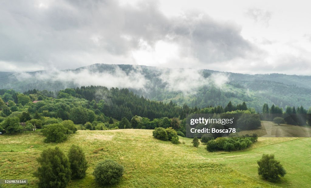 Aerial view of farmland in hilly in Detva region, Slovakia