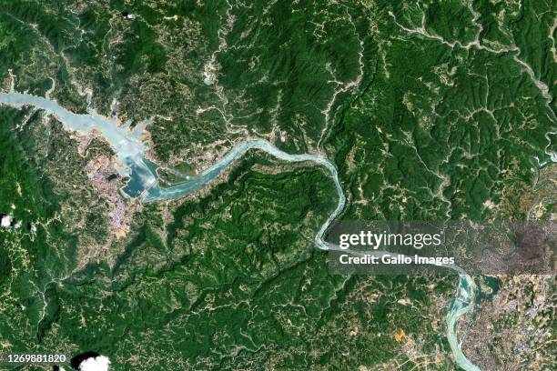 Three Gorges Hydroelectric Dam to the North and Gezhouba Hydroelectric Dam to the South, located on the Yangtze River, China.