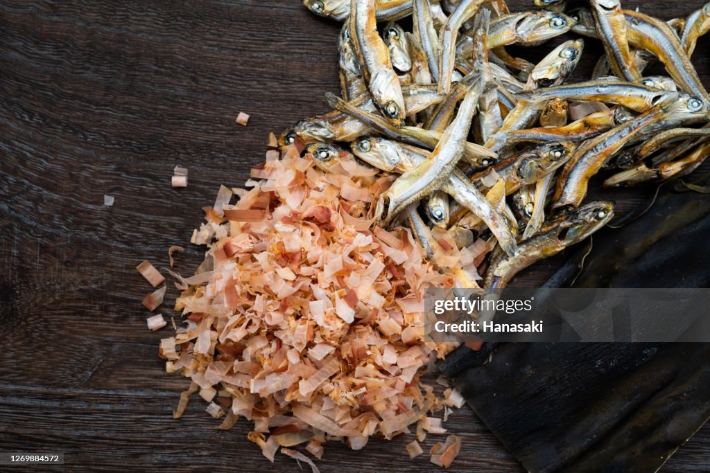 Katsuobushi Shavings of dried bonito,(small crunchy) dried sardines,Dried kombu seaweed,Japanese Food