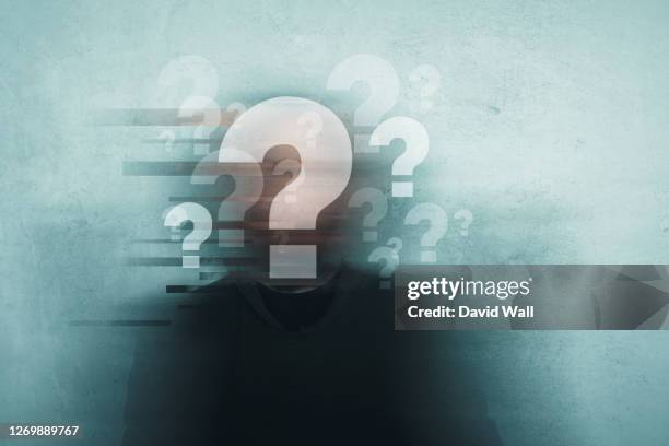 choice, confusion and mental health concept. a mans head covered in question marks with a blurred, grunge, abstract edit - brain fog stock pictures, royalty-free photos & images