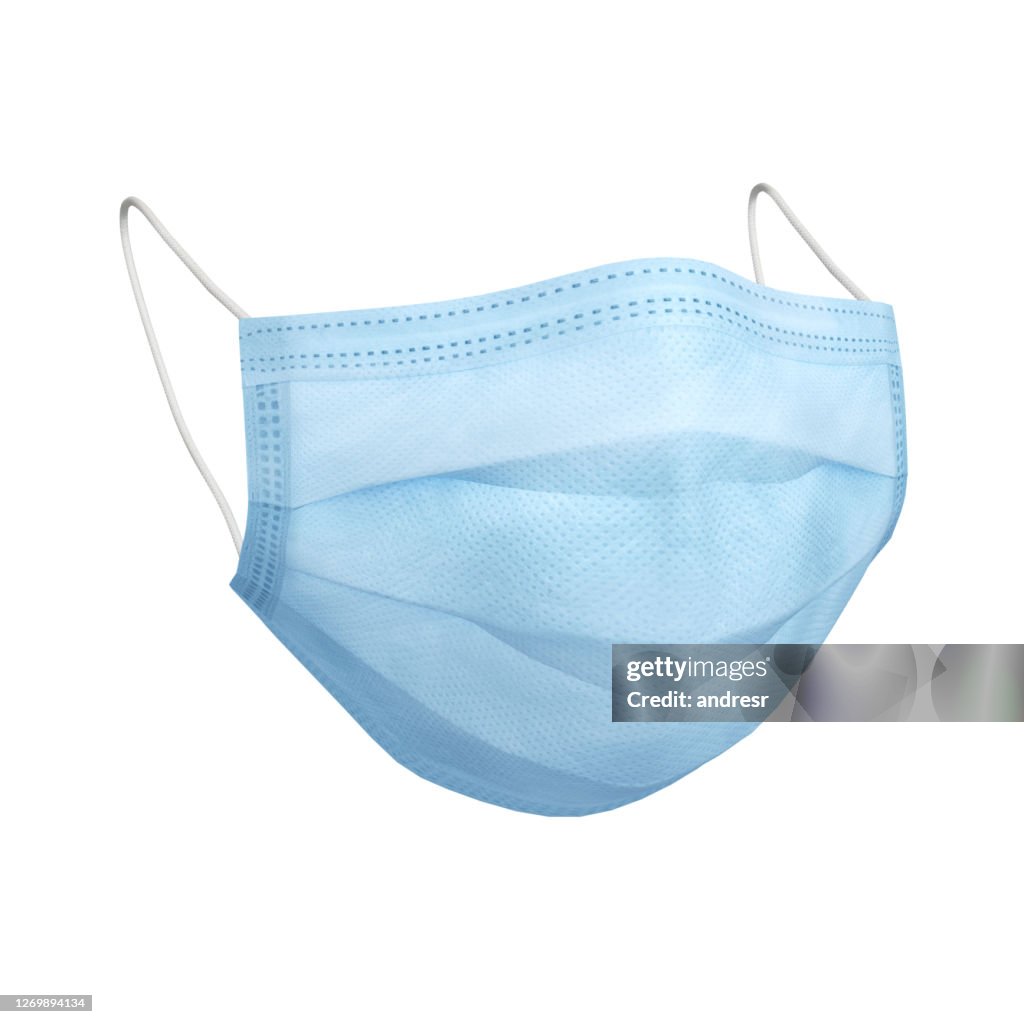 Máscara facial protetora azul isolada sobre branco