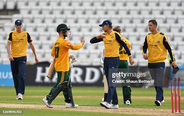 Ben Duckett of Notts Outlaws is congratulated by Joe Root of Yorkshire Vikings after scoring the winning runs during the T20 Vitality Blast 2020...