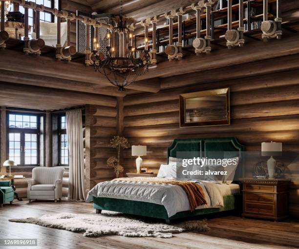 rendering 3d della camera da letto del cottage invernale - cottage foto e immagini stock