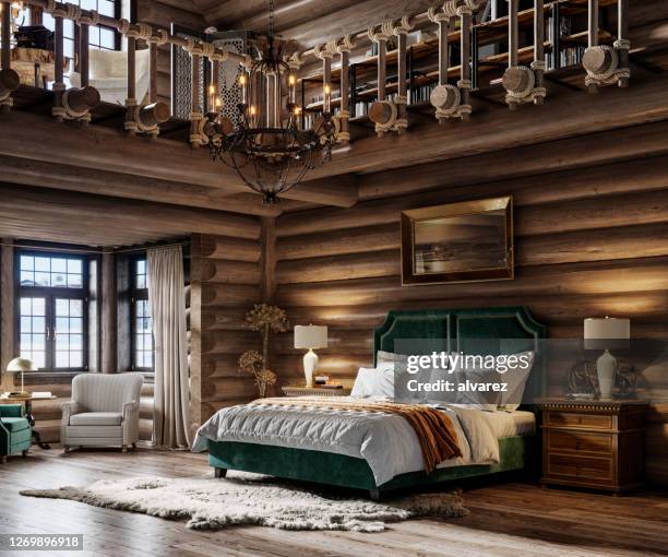 3d render of winter cottage bedroom - winter hut stock pictures, royalty-free photos & images