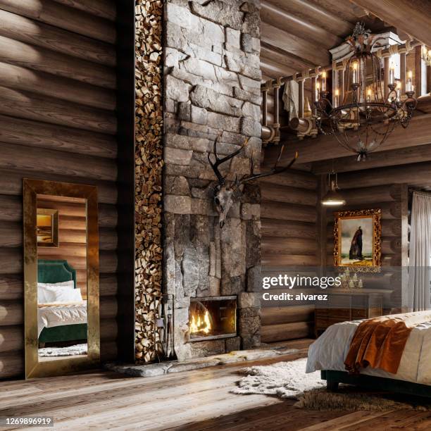 interior de un dormitorio casa de campo de invierno en 3d - chalet fotografías e imágenes de stock
