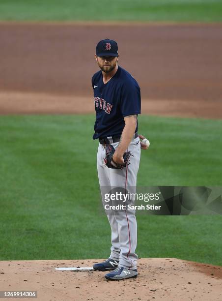 Colten Brewer of the Boston Red Sox pitches during the first inning against the New York Yankees at Yankee Stadium on August 14, 2020 in the Bronx...