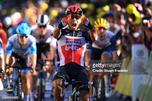 Arrival / Caleb Ewan of Australia and Team Lotto Soudal / Celebration / during the 107th Tour de France 2020, Stage 3 a 198km stage from Nice to...