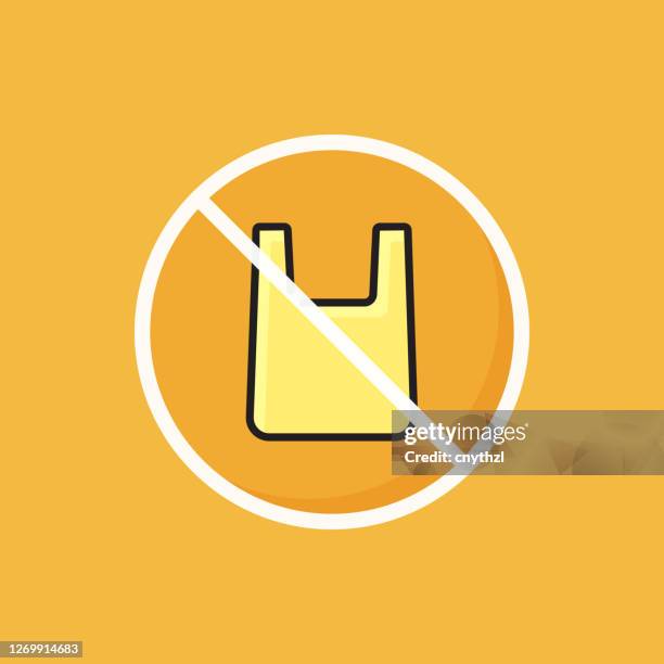 flat line design style no plastic bag icon, outline symbol vector illustration - no plastic stock illustrations