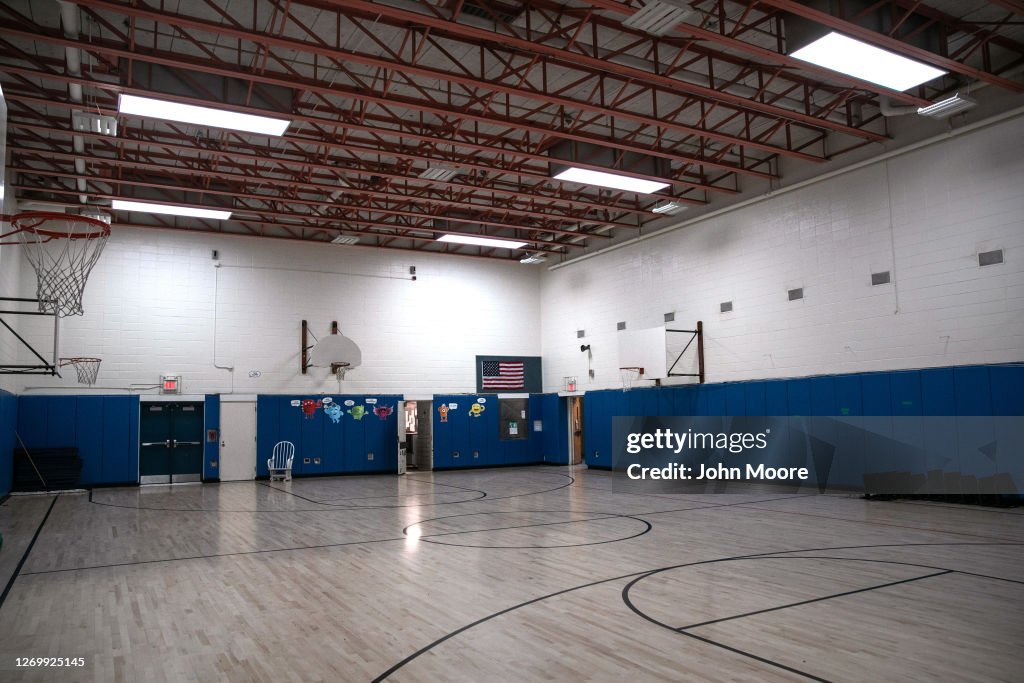 A school gym stands empty at Newfield Elementary School on August 31