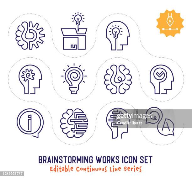 brainstorming funktioniert editierbares kontinuierliches linien-icon-paket - continuous line drawing stock-grafiken, -clipart, -cartoons und -symbole