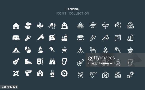 flat & line camping icons - camping icons stock-grafiken, -clipart, -cartoons und -symbole