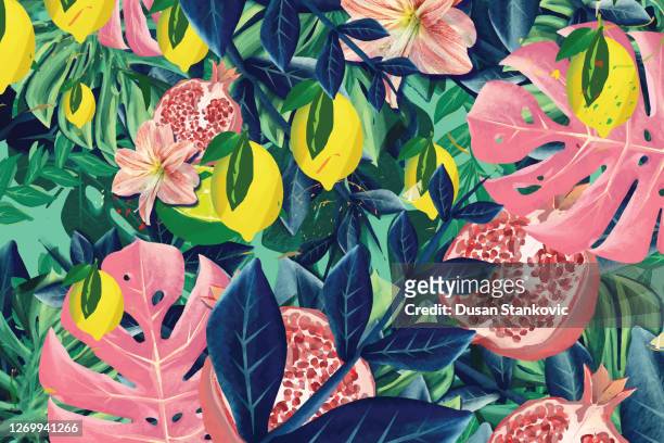 exotische früchte zitronen und limetten in lebendigen farben - tropical climate stock-grafiken, -clipart, -cartoons und -symbole