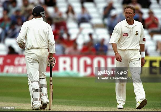 Mike Atherton of England and Allan Donald of South Africa exchange ''pleasantries'' during the Fourth Test match at Trent Bridge in Nottingham,...