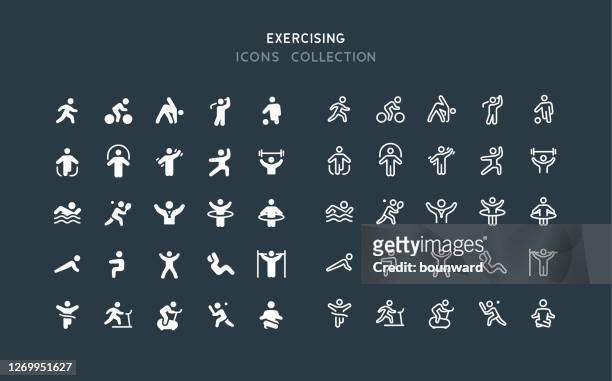 illustrazioni stock, clip art, cartoni animati e icone di tendenza di flat & line fitness sport exercising icons - esercizio fisico