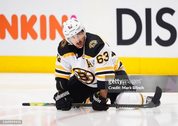 Brad Marchand of the Boston Bruins warms up before Game Five of the Eastern Conference Second Round of the 2020 NHL Stanley Cup Playoff between the...
