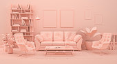 Interior room in plain monochrome pinkish orange color with furnitures and room accessories. 3D rendering for web page, presentation or picture frame backgrounds.