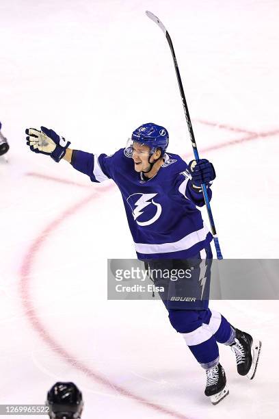 Ondrej Palat of the Tampa Bay Lightning celebrates after scoring a goal against the Boston Bruins during the second period in Game Five of the...