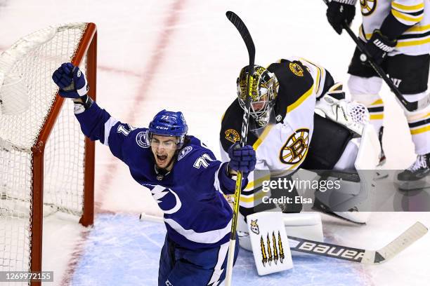 Anthony Cirelli of the Tampa Bay Lightning celebrates after scoring a goal past Jaroslav Halak of the Boston Bruins during the third period in Game...