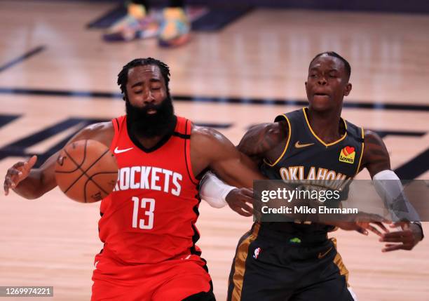 Dennis Schroder of the Oklahoma City Thunder defends James Harden of the Houston Rockets during the second quarter in Game Six of the Western...