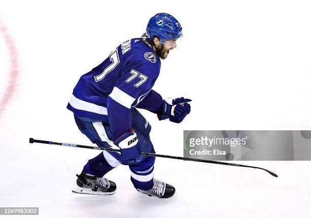 Victor Hedman of the Tampa Bay Lightning celebrates after scoring the game-winning goal during the second overtime period to give his team the 3-2...