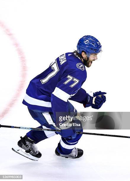 Victor Hedman of the Tampa Bay Lightning celebrates after scoring the game-winning goal during the second overtime period to give his team the 3-2...