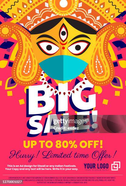 durga puja design with protective mask - covered statue stock illustrations