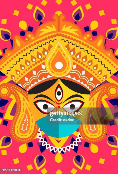 durga puja design with protective mask - covered statue stock illustrations