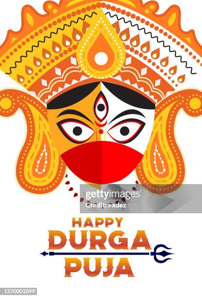 durga puja design with protective mask - covered statue stock illustrations