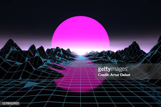 futuristic digital render in cyber landscape with big low sun. synthwave style - textfreiraum stock-fotos und bilder