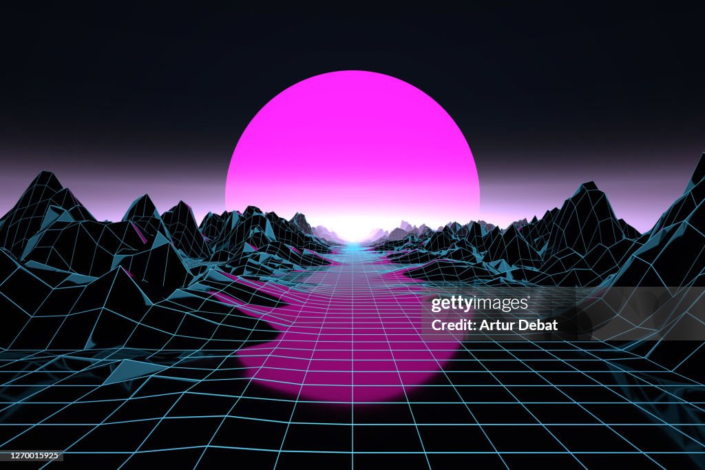 Futuristic digital render in cyber landscape with big low sun. Synthwave style