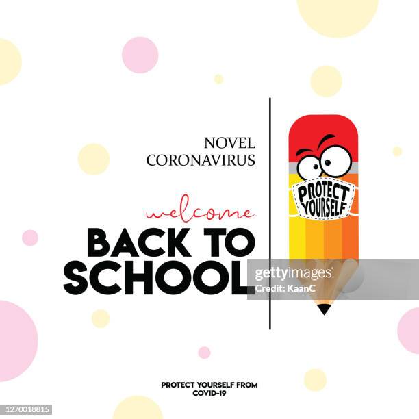 vector back to school banner, poster background. color pencil and face mask on white background. stock illustration. warning sign about coronavirus or covid-19 vector illustration - back to school covid stock illustrations