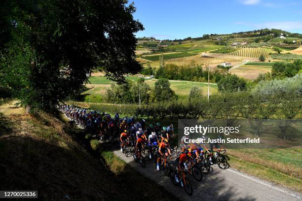 Cesare Benedetti of Italy and Team Bora - Hansgrohe / Pieter Serry of Belgium and Team Deceuninck - Quick-Step / Valerio Conti of Italy and UAE Team...