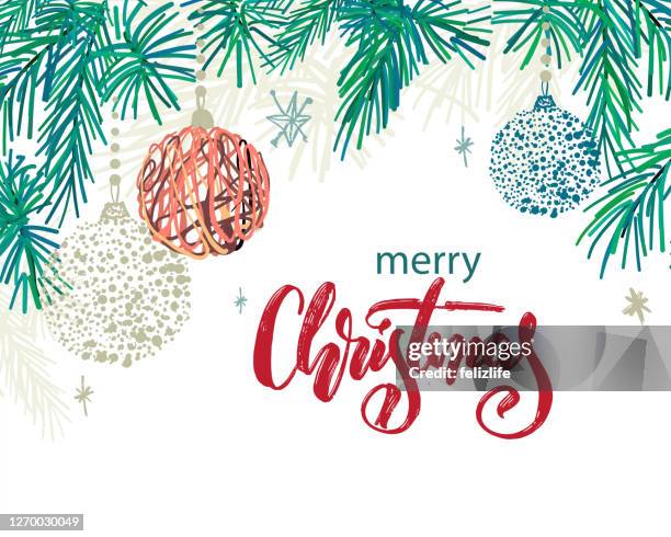 weihnachtskarte mit handgezeichnetem schriftzug "frohe weihnachten" - noel sapin stock-grafiken, -clipart, -cartoons und -symbole