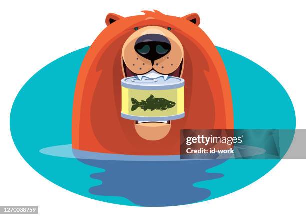 bear holding can of salmon - all you can eat stock illustrations
