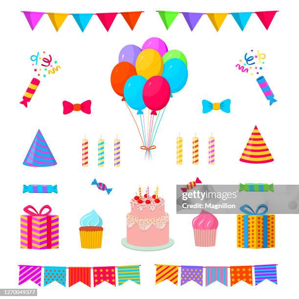 illustrazioni stock, clip art, cartoni animati e icone di tendenza di set piatto compleanno - candle sets