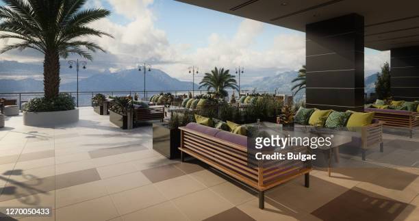 modern terrace café - hotel bar stock pictures, royalty-free photos & images