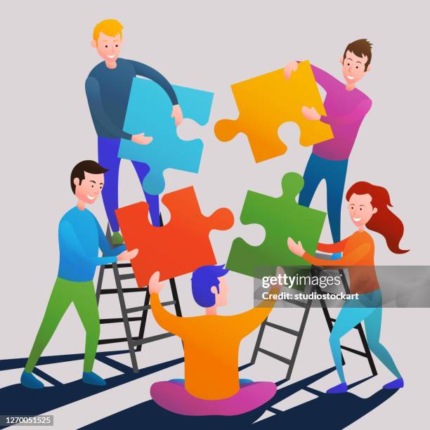 people connecting puzzle elements - multiple electronic devices stock illustrations