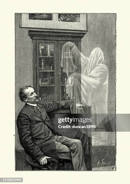 illustrazioni stock, clip art, cartoni animati e icone di tendenza di fantasma che appare davanti a un uomo, vittoriano del xix secolo - fantasma
